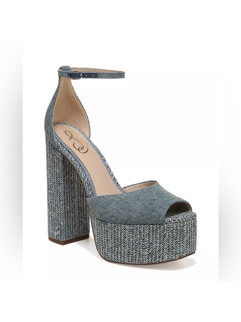NIB Sam Edelman Kori Washed Denim Blue Ankle Strap Platform Sandals